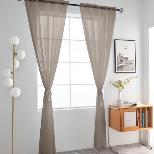 Basic Rod Pocket Sheer Voile Window Curtain Panels Taupe 1 Pair 2 Panels 52 Width 63 Inch Long for Kitchen Bedroom Children Living Room Yard（Taupe (Taupe / 52"W x 63"L (Pack of 2))