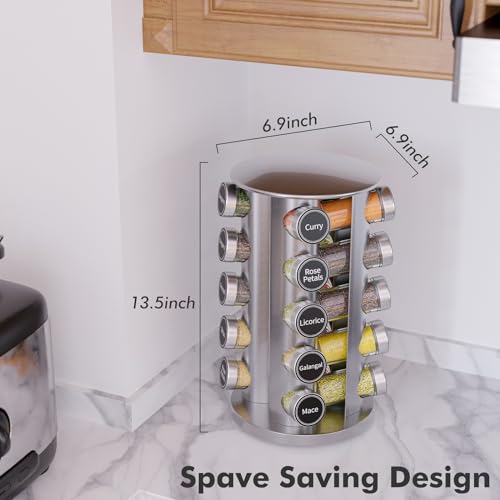 Revolving Spice Rack Set with 20 Spice Jars (20 Jars / Silver)