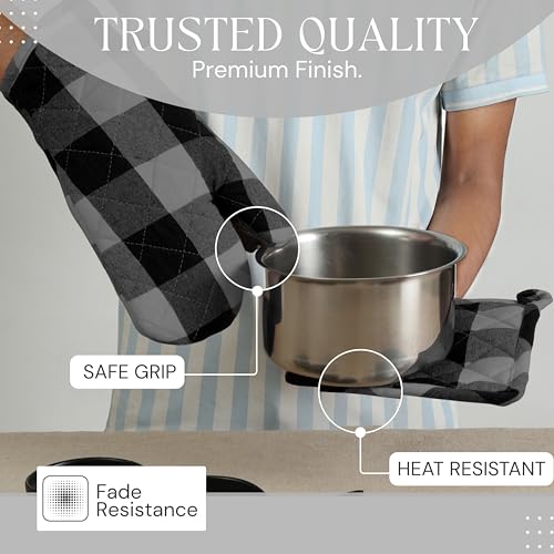 Buffalo Plaid Check Oven Mitts and Pot Holders Set (Light Grey & Black, Buffalo Plaid)