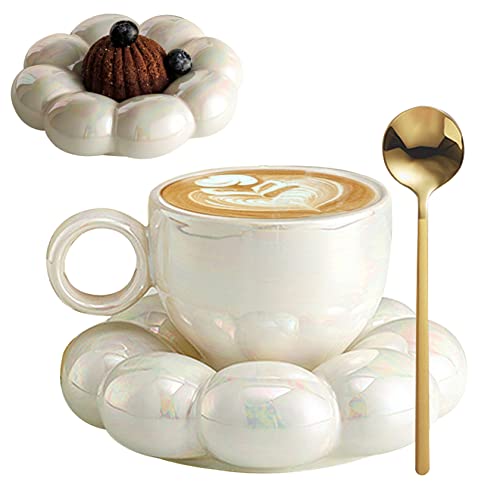 Ceramic Coffee Mug with Spoon Travel Sunflower Cloud Mug with Saucer 200ML Afternoon Tea Cup for Latte (White)