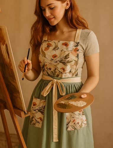Vintage Pinafore Apron Dress for Women with Pockets Cute Floral Chef Aprons for Kitchen Cooking Baking Gardening (Sage Green)