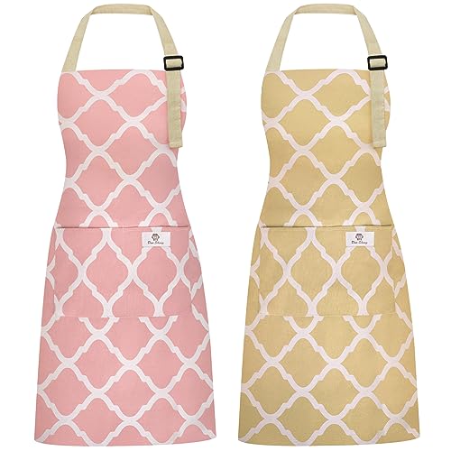 2 Pieces Aprons for Women with Pockets (Pink/Yellow)
