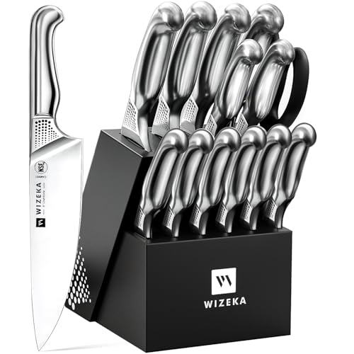 Kitchen Knife Set with Block and Sharpener German Steel 15 Piece (Sliver)