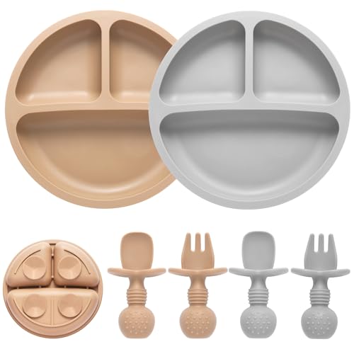 2 Pack Divided Baby Plates with Suction (Brown)