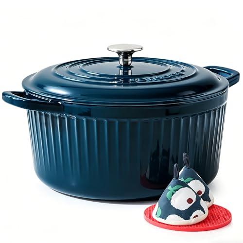 6.5QT Enameled Cast Iron Dutch Oven Pot with Lid&Cotton Potholders (Emerald Green / 6.5 Quarts)