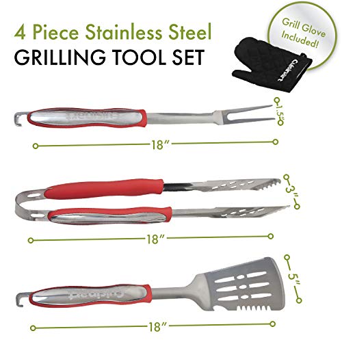 3‑Piece Stainless Steel BBQ Grilling Tool Set with Grill Glove (Red)