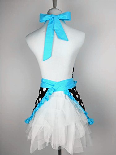 Cute Apron Retro Black Polka Dot Retro Ruffle Side Vintage Cooking Aprons with Pockets for Women Girls (Side Blue)