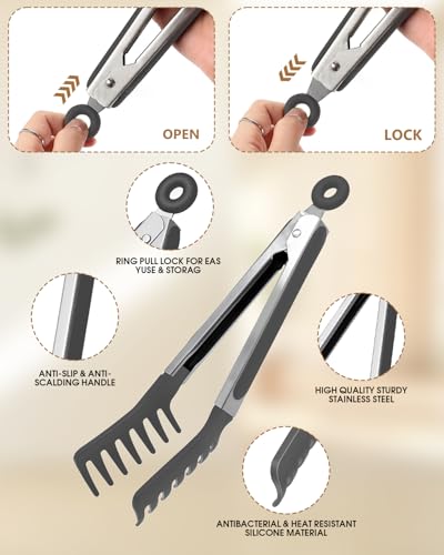 Spaghetti Spoon and Pasta Tong with Teeth and Drain Holes (Gray)