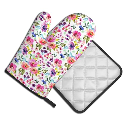 Floral Oven Mitts and Pot Holders Sets Spring Summer Kitchen Mitts Colorful Blossom Potholders 2PCS Wildflower Oven Gloves Hot Pads for Kitchen Baking Cooking (Multicolor Spring Summer Flowers)