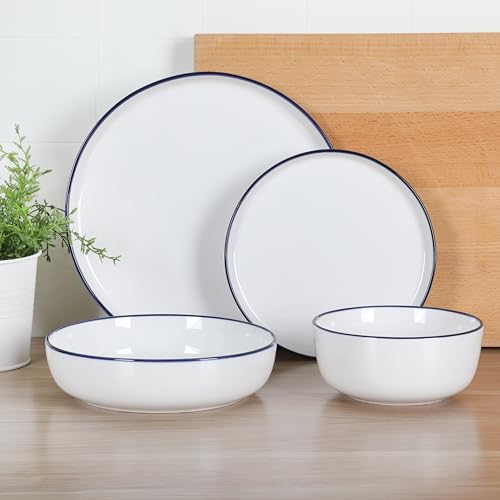 Oslo 16 Piece Porcelain Ceramic Chip & Scratch Resistant Dishes (White w/ Blue Rim (Oslo) / Service for 4 (16pcs))