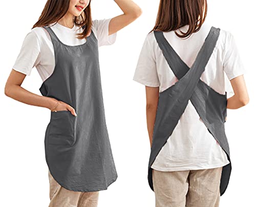 Cotton Cross Back Aprons Solid Color Cooking Kitchen Garden Smock for Women Girls with Pockets (Darkgrey / 37W x 32L)