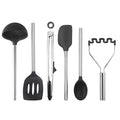 Silicone Cooking Utensil Set of 6 Stainless Steel Handle Ladle Slotted Turner Tongs Flex Core Spatula Scraper Mixing Spoon & Potato Masher (Black)