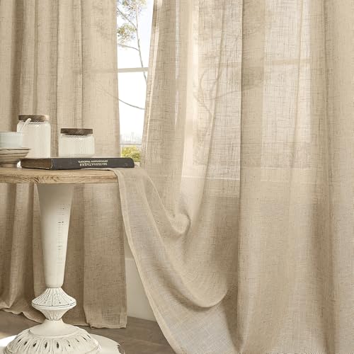 Brown Sheer Linen Curtains 48 inch Length for Kitchen 2 Panels (34"W x 48"L (Pack of 2) / Brown)