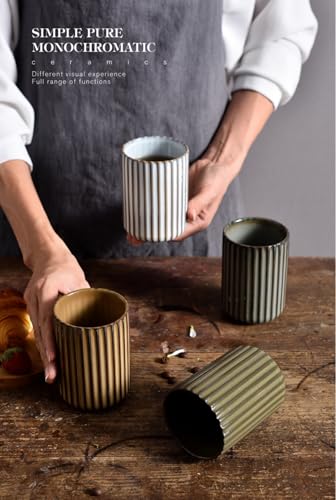 Stoneware Coffee Bar Utensil Holder Tea & Coffee Spoon & Stirrer Holder for Stir Stick Straw Teaspoon Holder Espresso Spoon Cup Small Utensil Jar Fluted Vertical Stripe (Retro Green)