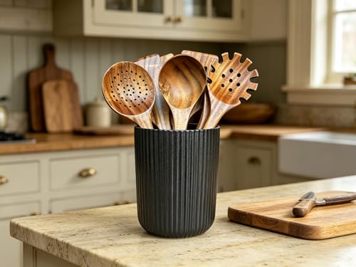 Large Stoneware Kitchen Utensil Holder for Kitchen Counter & Countertop Cooking Utensil Holder Spatula Holder Utensil Crock for Kitchen Counter Vertical Ribbed Fluted Stripe (Matte Black)