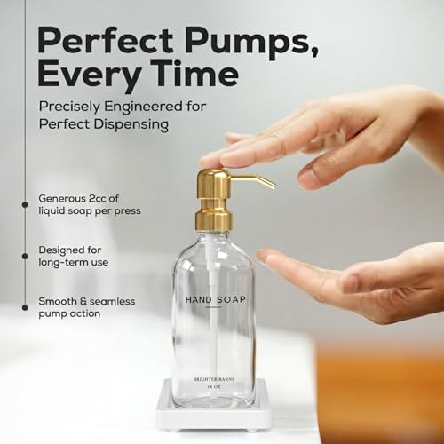 Luxury Glass Hand and Dish Soap Dispenser Set by Brighter Barns (Clear/Gold Hd)