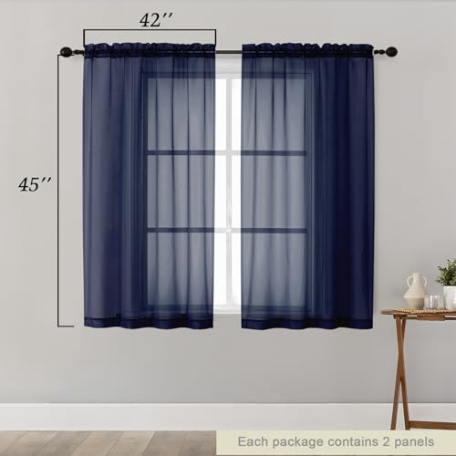 Navy Blue Sheer Curtains for Bedroom Living Room 45 Inch Length 2 Panels (Navy Blue / 42"W x 45"L (Pack of 2))