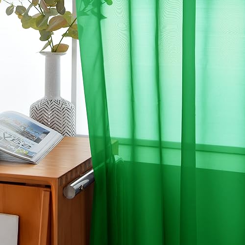 Solid Sheer Rod Pocket Curtain Voile Draperies 2 Panels White Beige Black Grey Coffee 52 Inch Width 63 Inch Long 1 Pair for Kitchen Bedroom Children Living Room Yard (Green / 52"W x 63"L (Pack of 2))