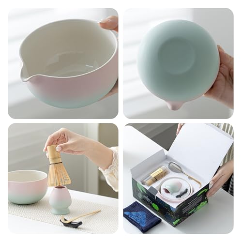 Matcha Whisk Set Pink (Pink Green Gradient 1 / 7 pcs/set, Bowl with Pouring Spout)