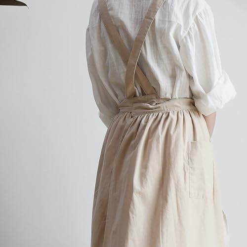Womens Apron Cute Dress for Women Frill Cross Back Cotton Linen Japanese Apron With Pockets Maid Pinafore Apron Housewife Garden Cooking Baking Pottery Pinafore Apron Apricot Adult One Size (Apricot Adult / One Size)