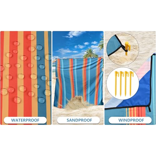 Beach Blanket Mat Waterproof Sandproof for 2 (Stripes - Green Orange / 79" X 83"（1-4person）)
