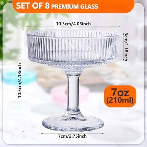 8 Pcs Ribbed Vintage Coupe Glasses 7 oz Martini Glasses Champagne Coupe Classic Cocktail Glassware Reusable Ribbed Glassware for Cocktail Martini European Style (Clear)