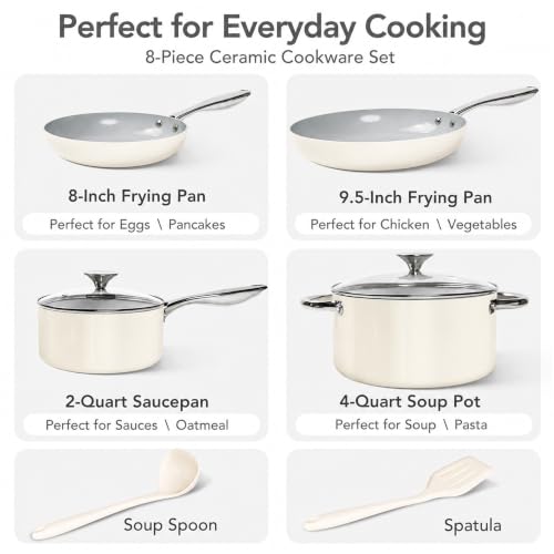 Pots and Pans Set Non Stick 8 Piece Ceramic Cookware Set Cream (Cream)