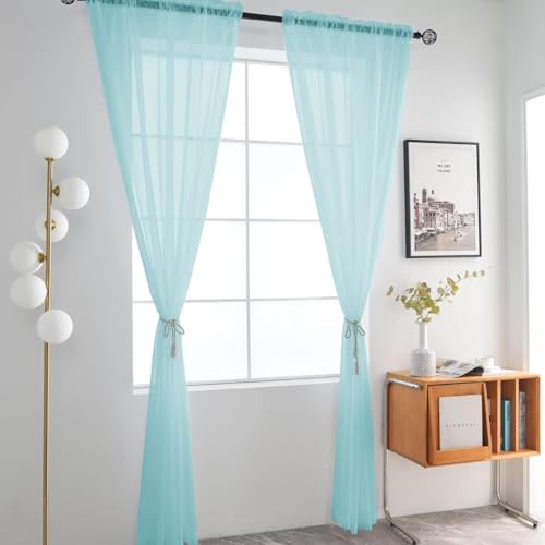 Basic Rod Pocket Sheer Voile Window Curtain Panels Sky Blue 1 Pair 2 Panels 52 Width 96 Inch Long for Kitchen Bedroom Children Living Room Yard（Sky Blue (Sky Blue / 52"W x 96"L (Pack of 2))