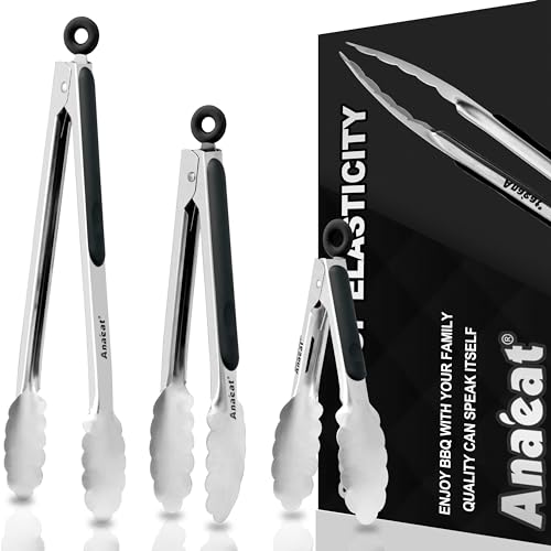 Premium Kitchen Locking Tong Set of 3 (7+9+12 Inch / 3 Pcs Stainless Steel - Black)