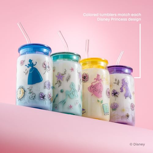 Disney Princess Icon Glass Tumblers with Lids and Straws (Princess)