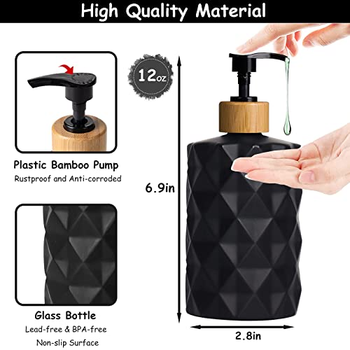 Black Glass Soap Dispenser Set with Bamboo Pump (Black)