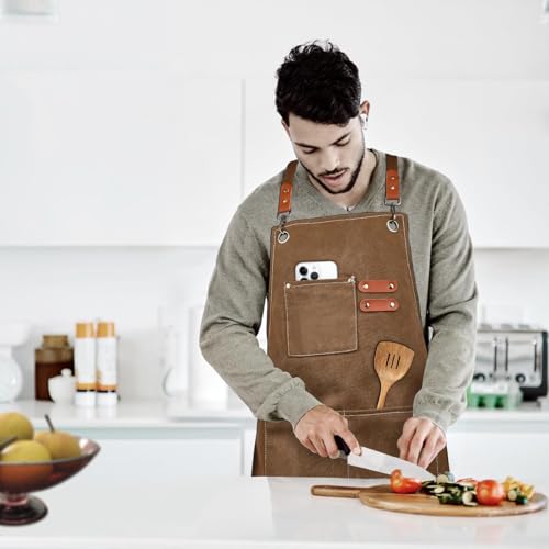 Cross Back Chef Aprons for Men Women with Pockets (Brown)