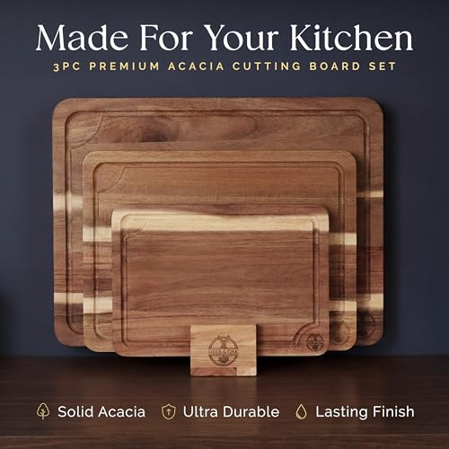 Non Toxic 3 Piece Acacia Cutting Board Set with Stand (2 Pack)