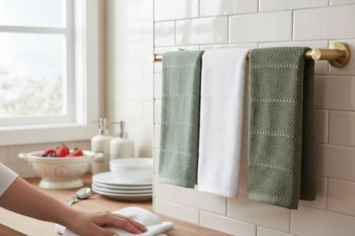 Sage White Dark Green Kitchen Dish Towels (Natural Greens)