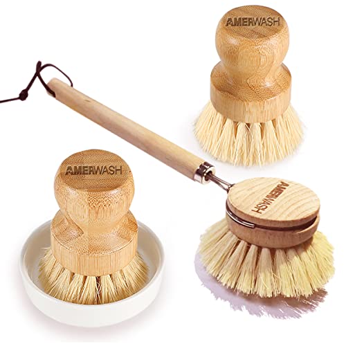 Wooden Dish Brush Set Clean Pots (4 Piece Brush Set with Holder)