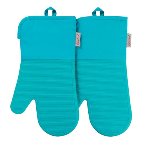 Silicone Oven Mitts (2PCS-13"L x 7"W/GREEN-Striped Surface)