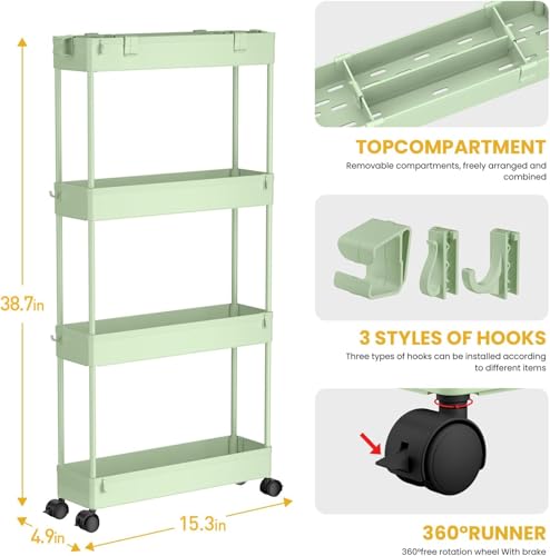 2 piece Set Slim Storage Cart 3 Tier (Green)
