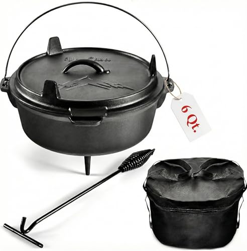 6Qt Cast Iron Camping Dutch Oven with Lid Lifter and Storage Bag