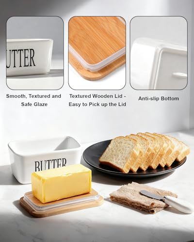 Butter Dish Ceramic with Lid and Knife (White)
