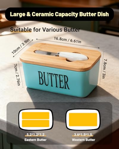 Butter Dish Ceramic with Lid and Knife for Countertop (Lake blue)