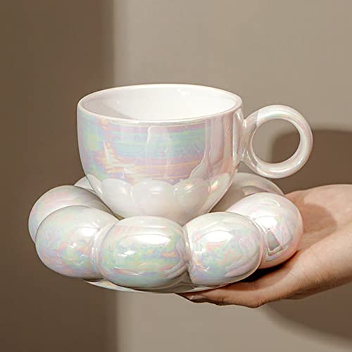 Ceramic Coffee Mug with Spoon Travel Sunflower Cloud Mug with Saucer 200ML Afternoon Tea Cup for Latte (White)