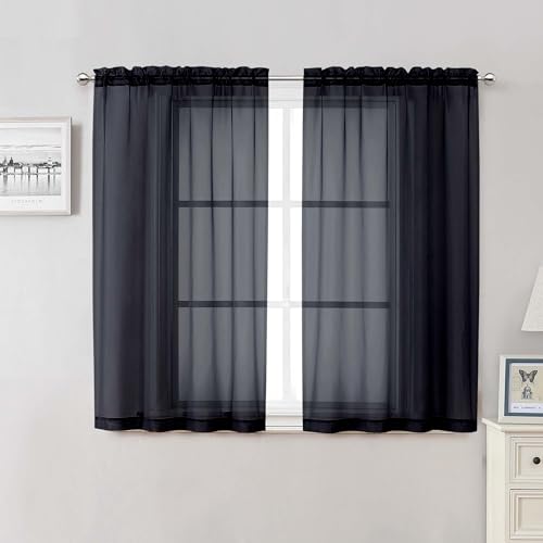 Black Sheer Curtains 48 Inch Length 2 Pcs (Black / 42"W x 48"L (Pack of 2))