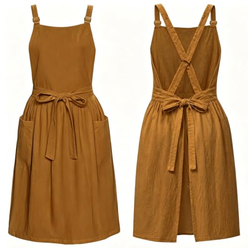 Apron for Women with Pockets Cotton Linen Metal Clip Adjust Kitchen Cooking Baking Gardening Aprons Dress Pocket Chef Apron Utility Waist Tie (1 Pack-coffee)