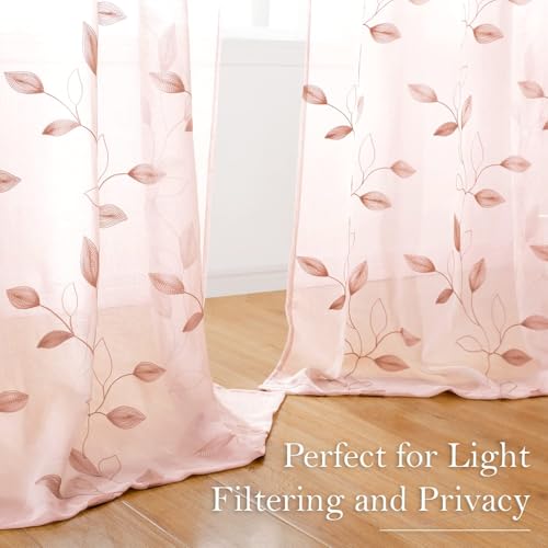 Blush Pink Sheer Curtains Leaf Embroidered (52"W x 96"L (Pack of 2) / Pink)