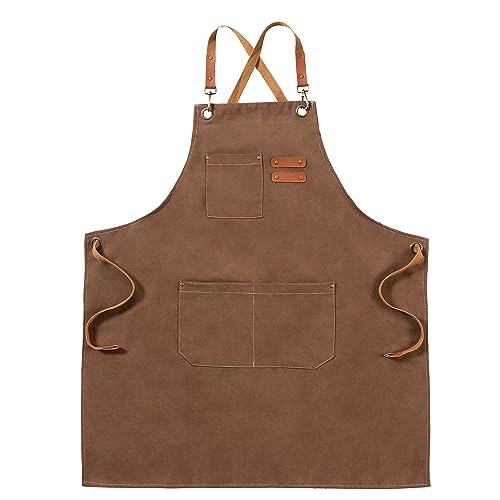Chef Canvas Aprons with 3 Large Pockets Adjustable Strap for Men Women (Brown)