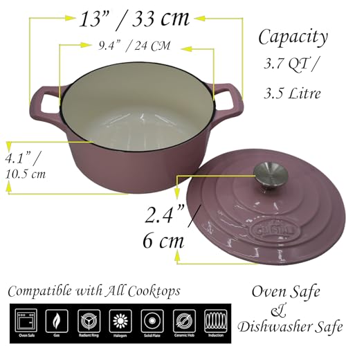 La Cuisine Enameled Cast Iron Dutch Oven Casserole Pot with Lid Internal Glossy Cream White Enamel Coating 3.75 QT 9.5" (3.7 QT Round / Pink)