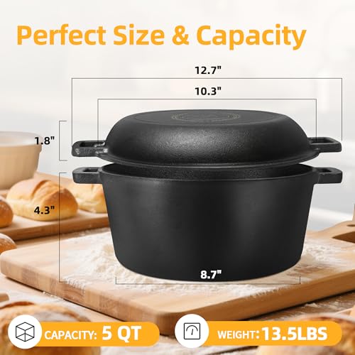 Pre Seasoned Cast Iron Dutch Oven Pot with Skillet Lid (Black / 5 QT)