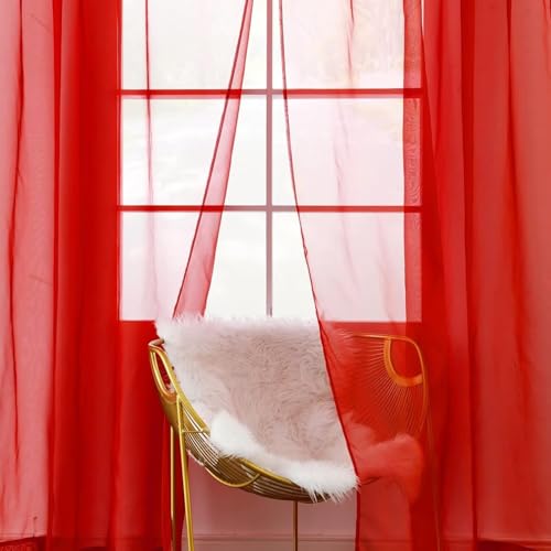 Solid Sheer Rod Pocket Curtain Voile Draperies 2 Panels White Beige Black Red Coffee 70 Inch Width 63 Inch Long 1 Pair for Kitchen Bedroom Children Living Room Yard (Red / 70"W x 63"L (Pack of 2))