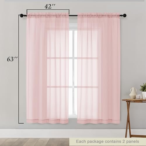 Sheer Blush Curtains for Bedroom Living Room 63 Inch Length 2 Panels (Blush / 42"W x 63"L (Pack of 2))