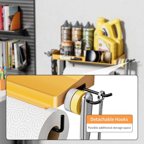 Garage Paper Towel Holder with Shelf & 2 Hooks Wall Mount (Yellow / 12.8-inch)